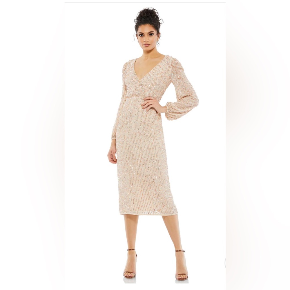 Mac Duggal SEQUINED ILLUSION PUFF SLEEVE V NECK MIDI DRESS, size 14